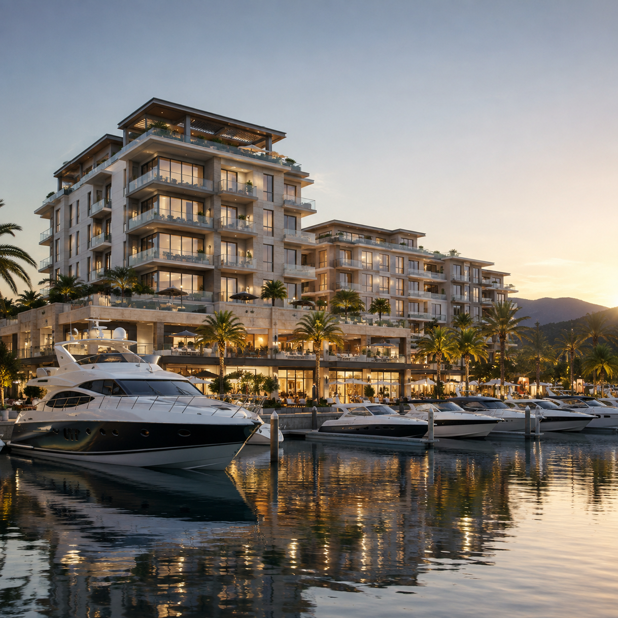 Luxury waterfront residences and yachts in a marina