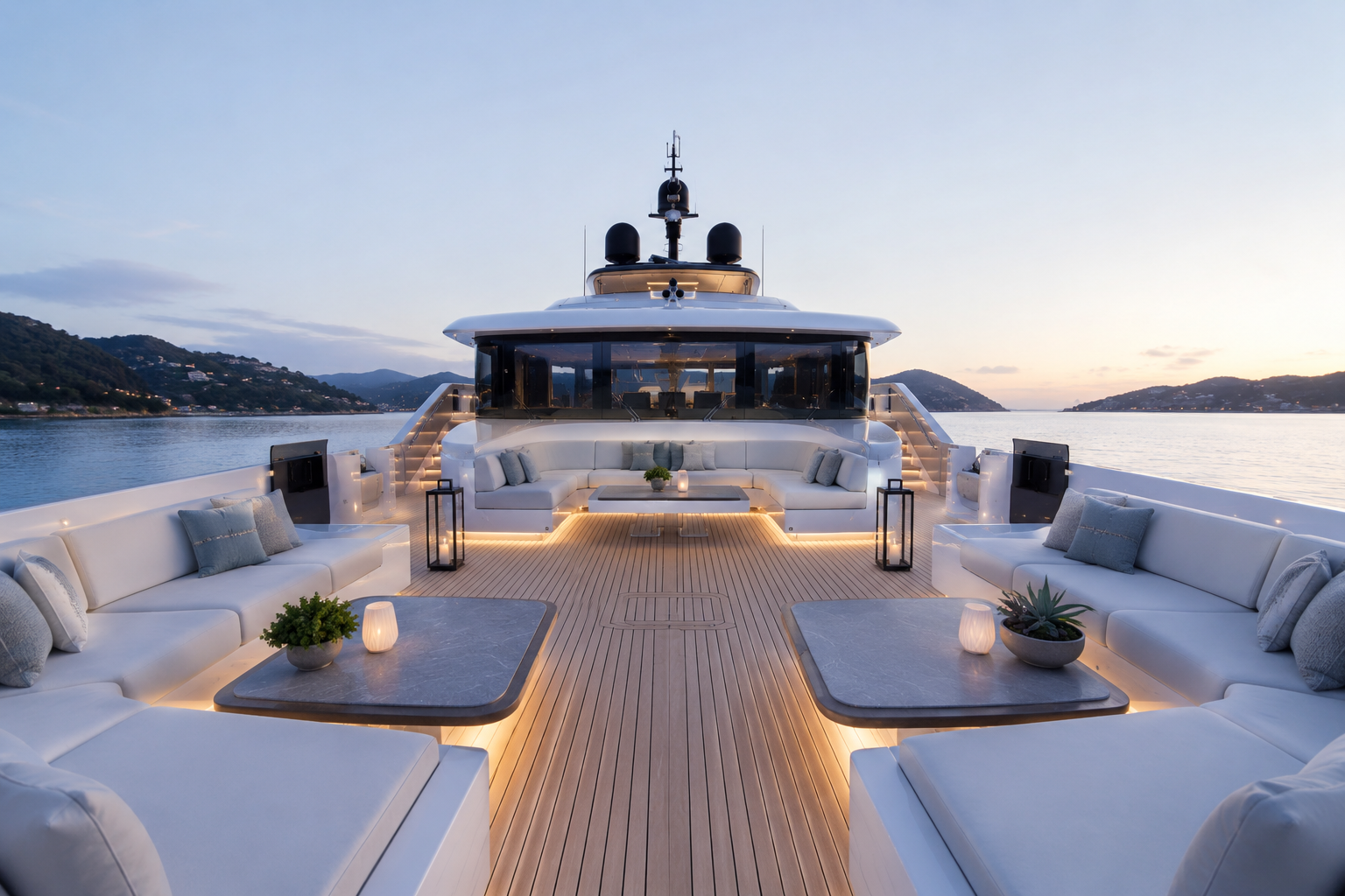 Luxury yacht deck at sunset